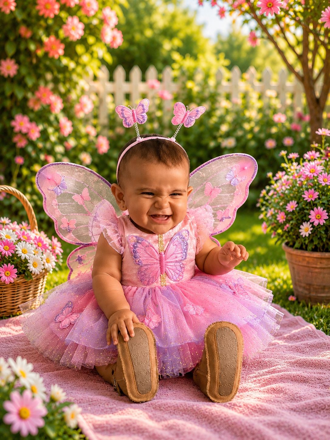 Olívia vestida de borboleta em um jardim florido